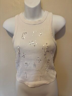 Express Cream Ribbed Tank Top with Clear Bead Embellishments